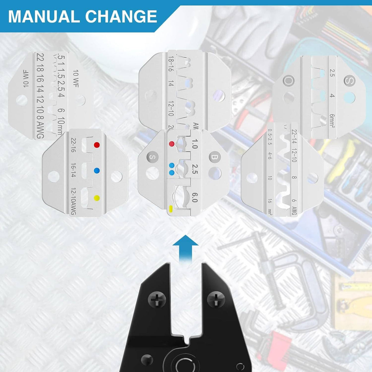 Crimping die sets shown for manual change with numbered AWG ranges on inserts