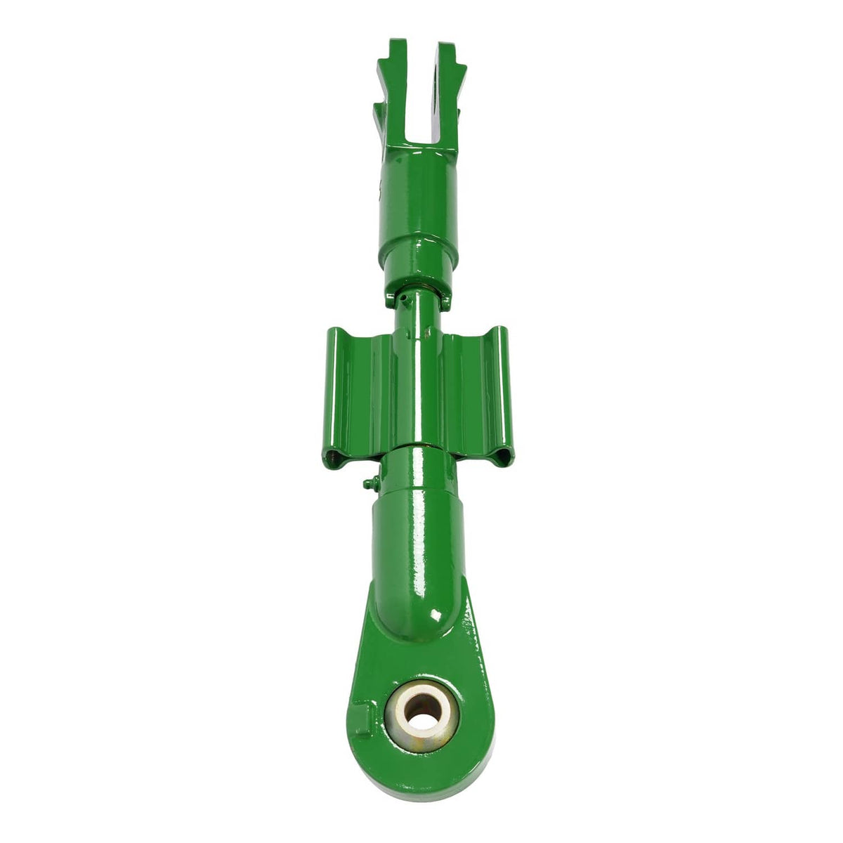Green 3-point tractor lift link with top fork and pin connection