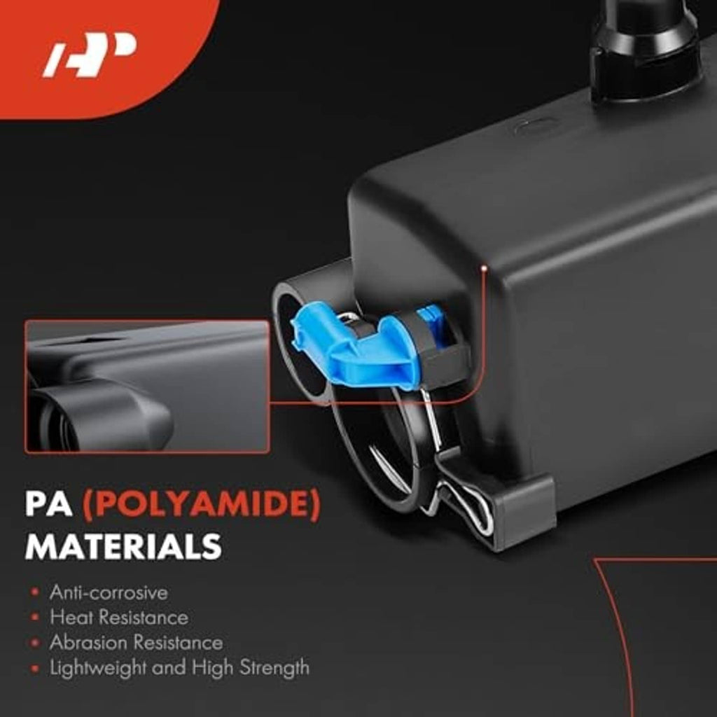 Black coolant reservoir tank with blue connector and polyamide material detail