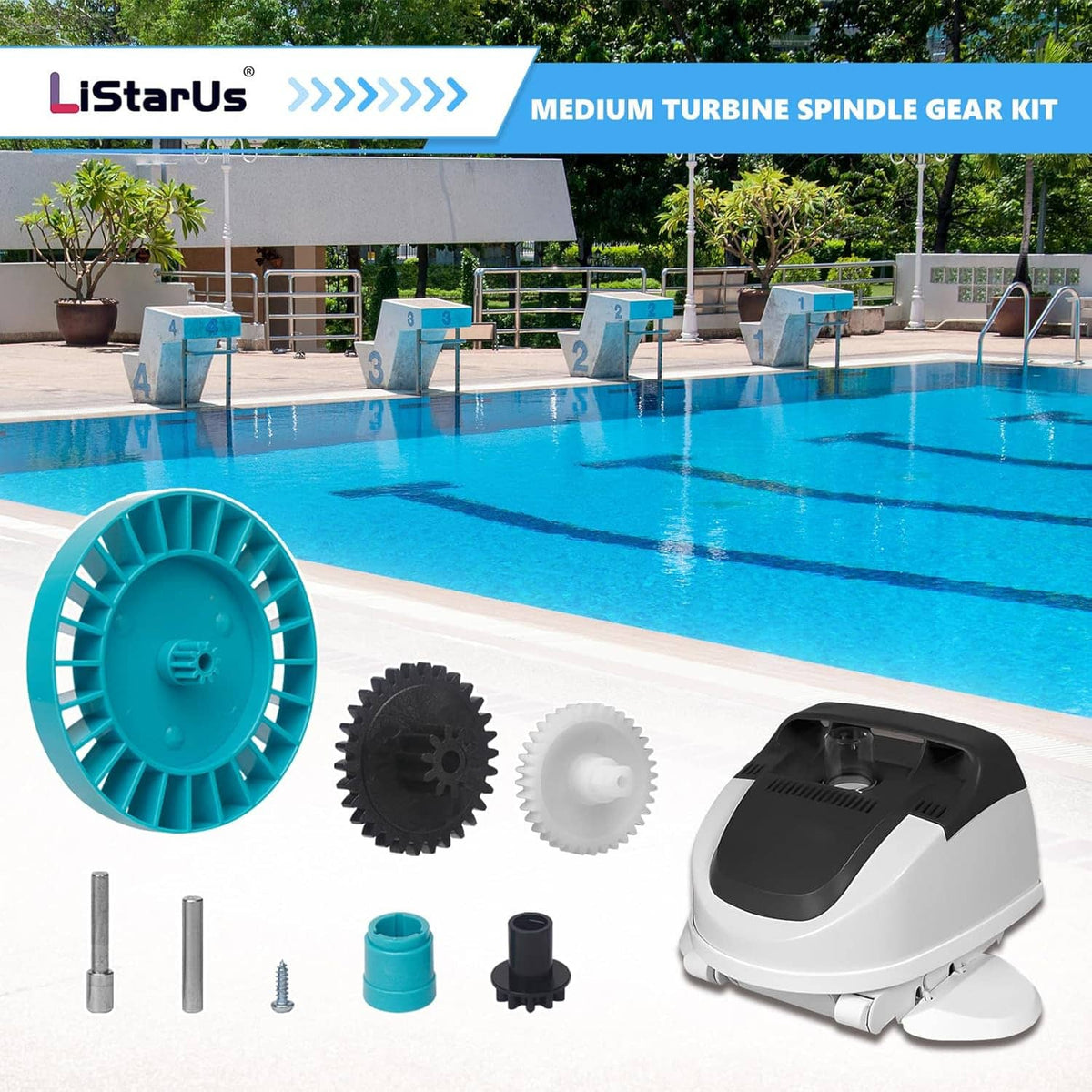 Turquoise turbine spindle gear kit replacement with gears, axles, and screws laid out