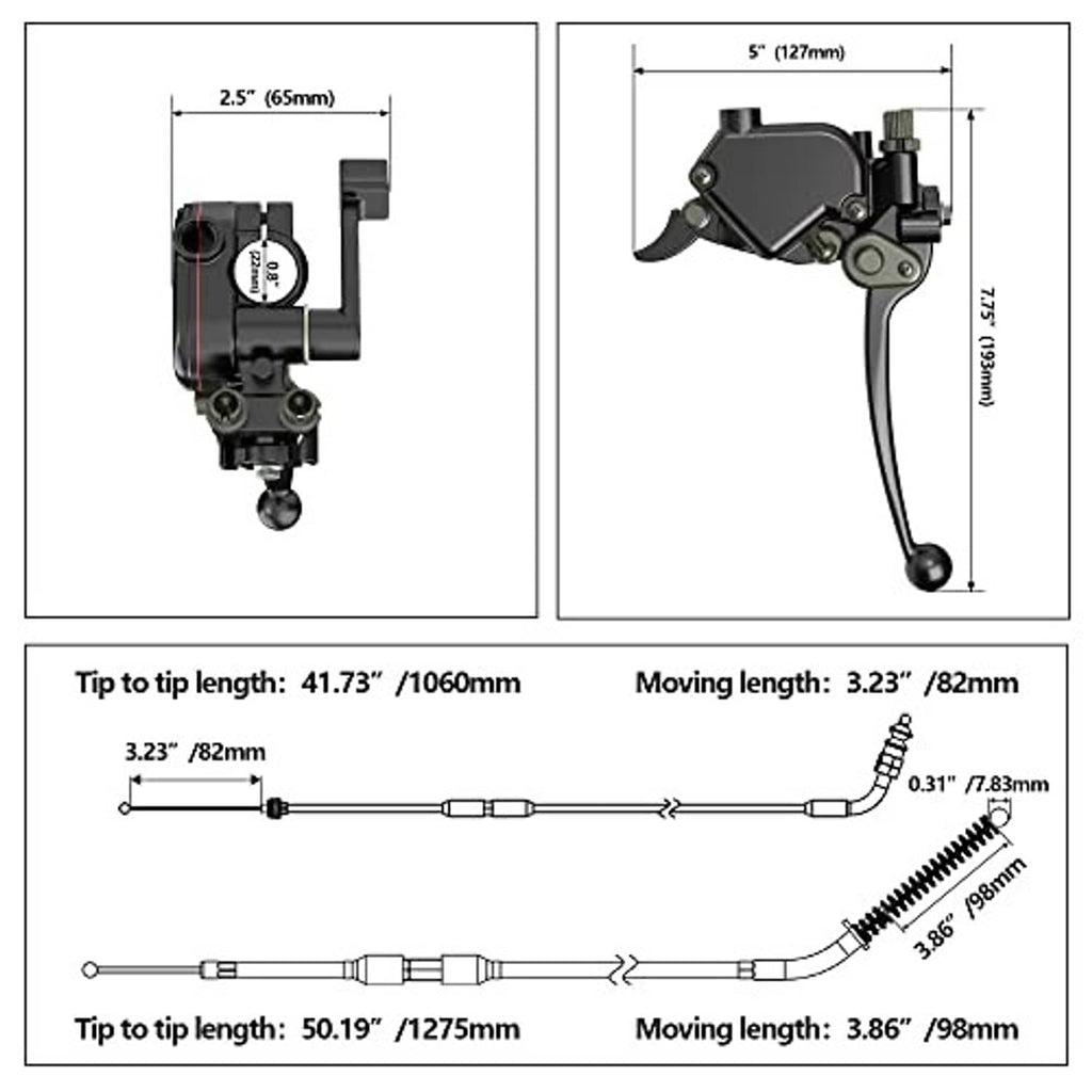 Thumb throttle and brake lever cable kit measurement diagram with length callouts