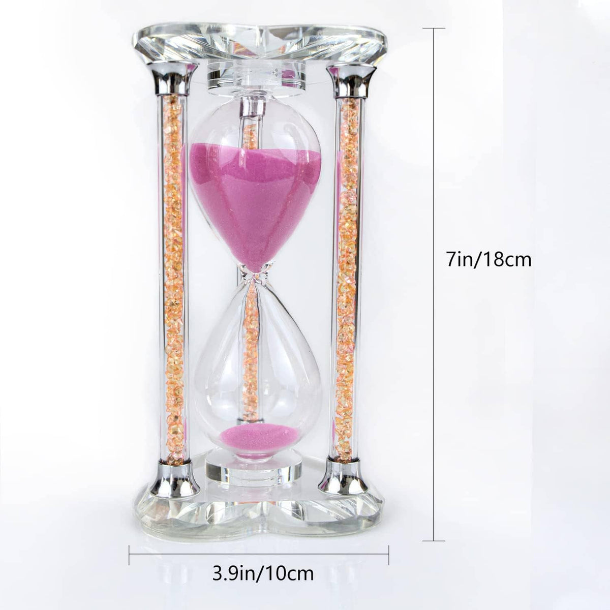 Pink sand heart-shaped hourglass, clear glass frame with sparkly gold vertical accents