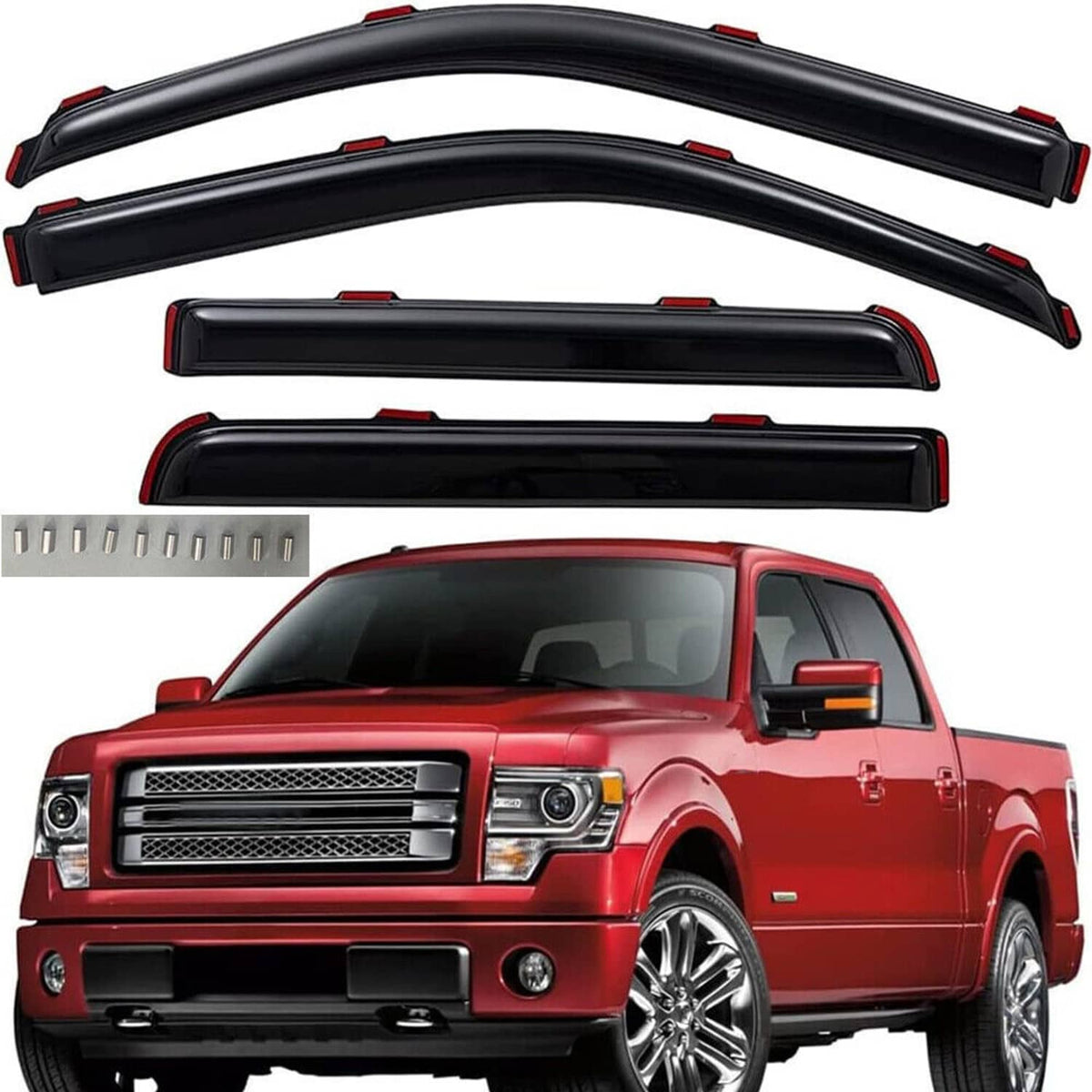 Set of black in-channel window vent visors with red accents for pickup truck