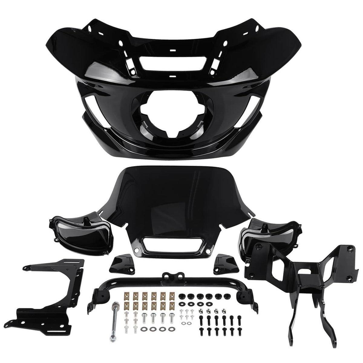 Black headlight fairing and windshield bracket kit laid out with bolts and screws