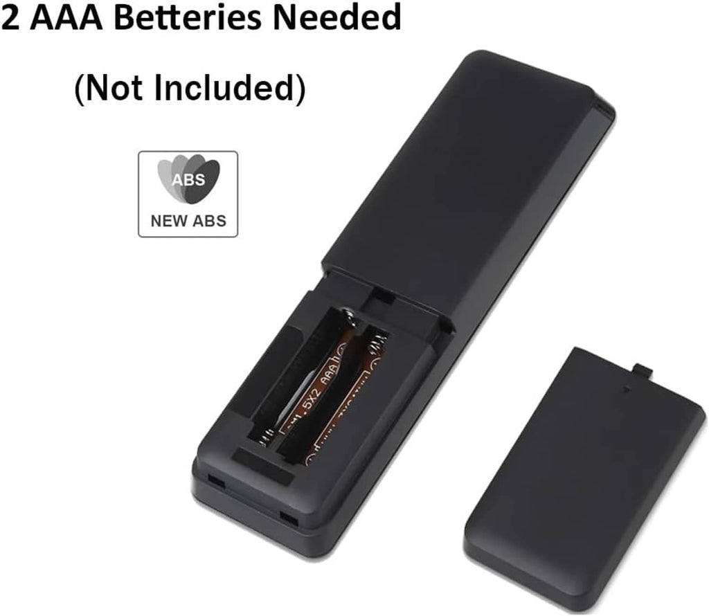 Black TV remote with open battery compartment for AAA batteries (not included)