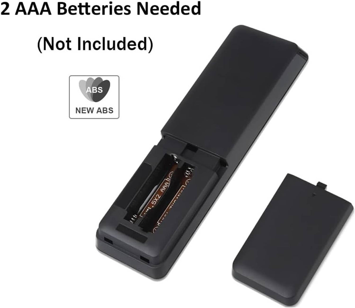 Black TV remote with open battery compartment for AAA batteries (not included)