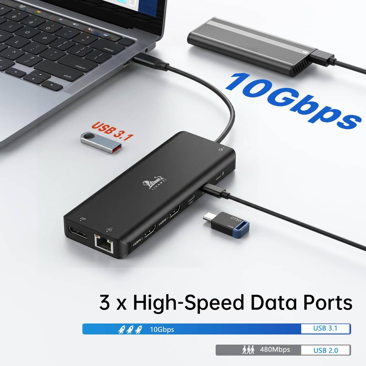 LIONWEI USB C docking station with 10Gbps Ethernet and USB 3.1 ports