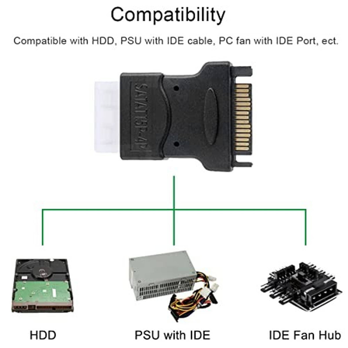 SATA 15-pin to Molex adapter plug with exposed gold pins and black housing