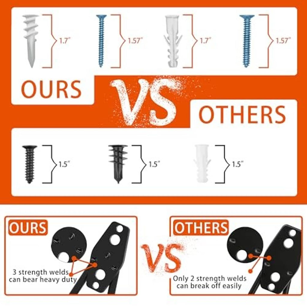 Garage hook comparison graphic showing black-and-orange hooks and fastener mounts