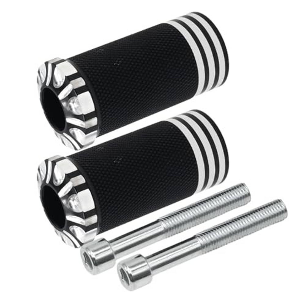 Pair of black textured shift pegs with silver ring accents and two chrome bolts