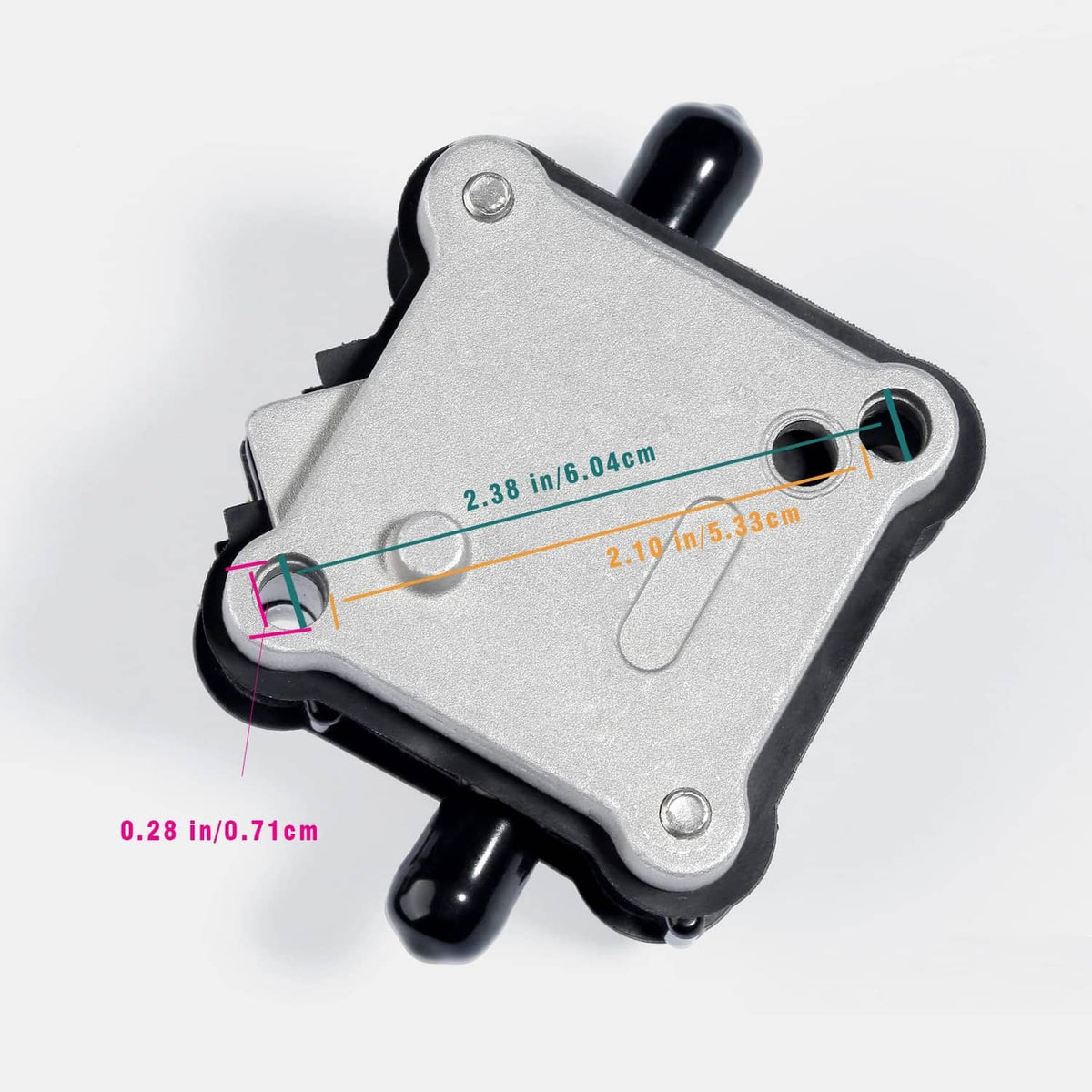 Silver fuel pump with brass fitting and two black hose nipples, top-side view.