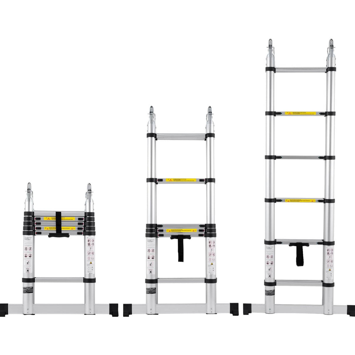 Multiple-position aluminum A-frame ladder with stabilizer bar and black feet