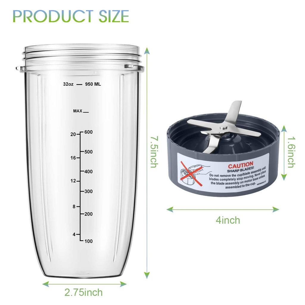 Transparent 32 oz blender cup with stainless blade rotor and silicone gasket, size layout