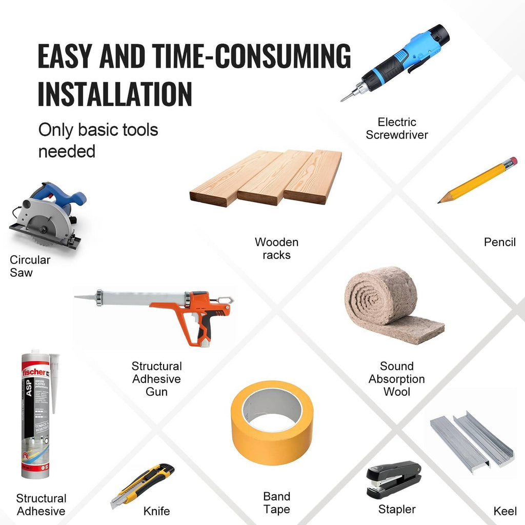 Wood slat acoustic panel installation tools layout with tape, screws, stapler