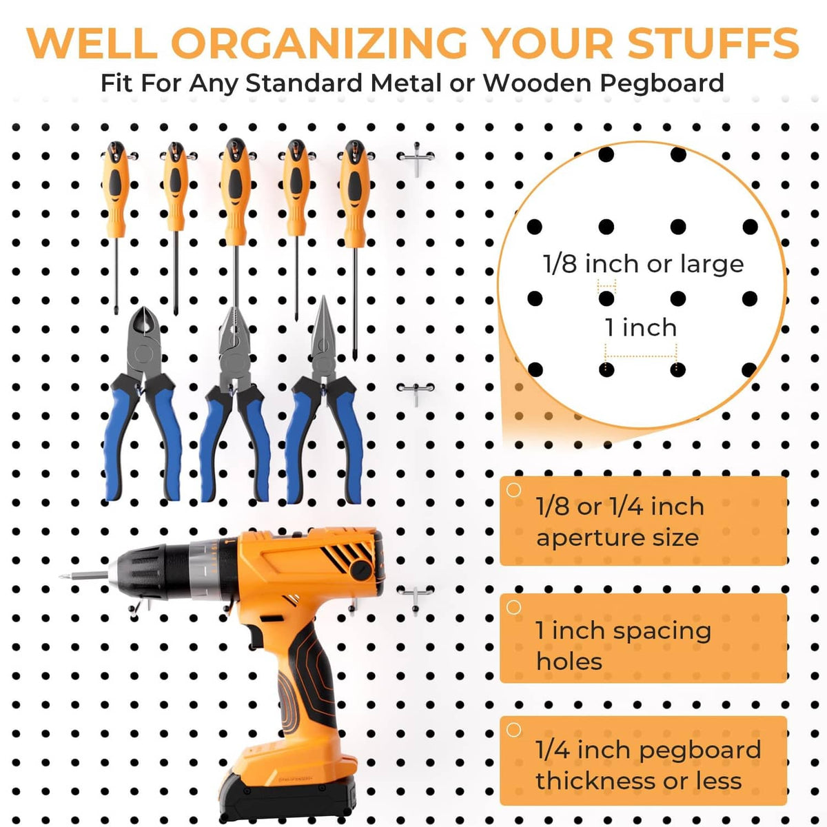 L-shaped pegboard hooks for 1/8 and 1/4 inch pegboard holes