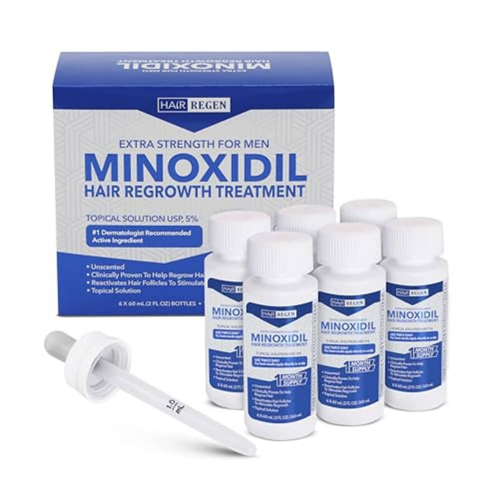 Hair Regen 5% minoxidil topical treatment box with 6-pack bottles and dropper