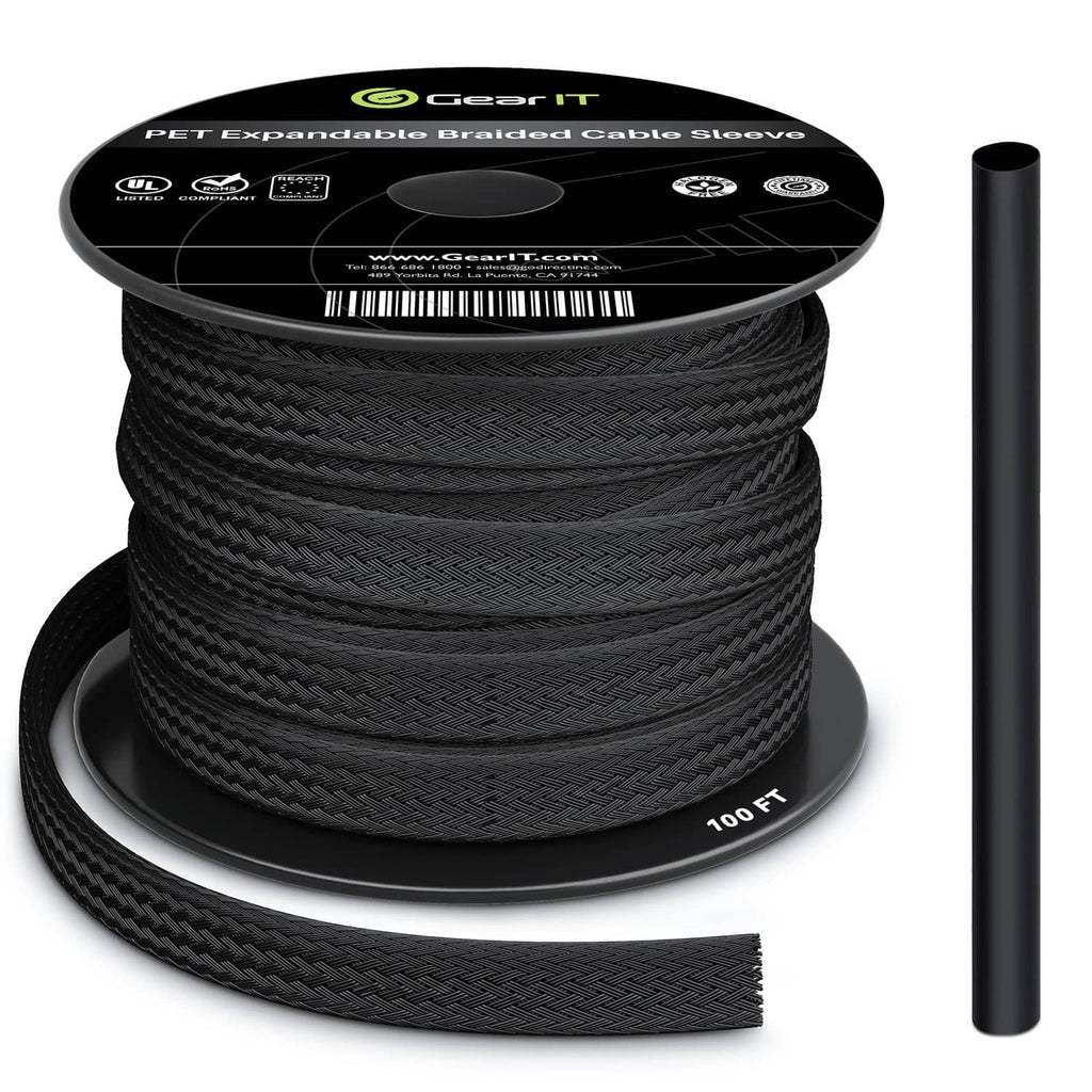 Black expandable PET cable sleeve, braided 1/4 inch, 100 ft on spool