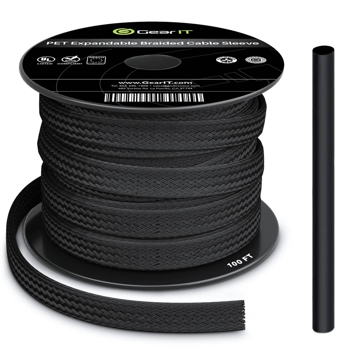 Black expandable PET cable sleeve, braided 1/4 inch, 100 ft on spool