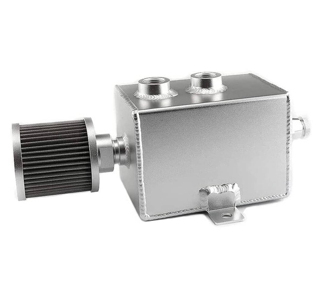 Oil catch can tank with breather filter, AN10 threaded ports, and mounting bracket
