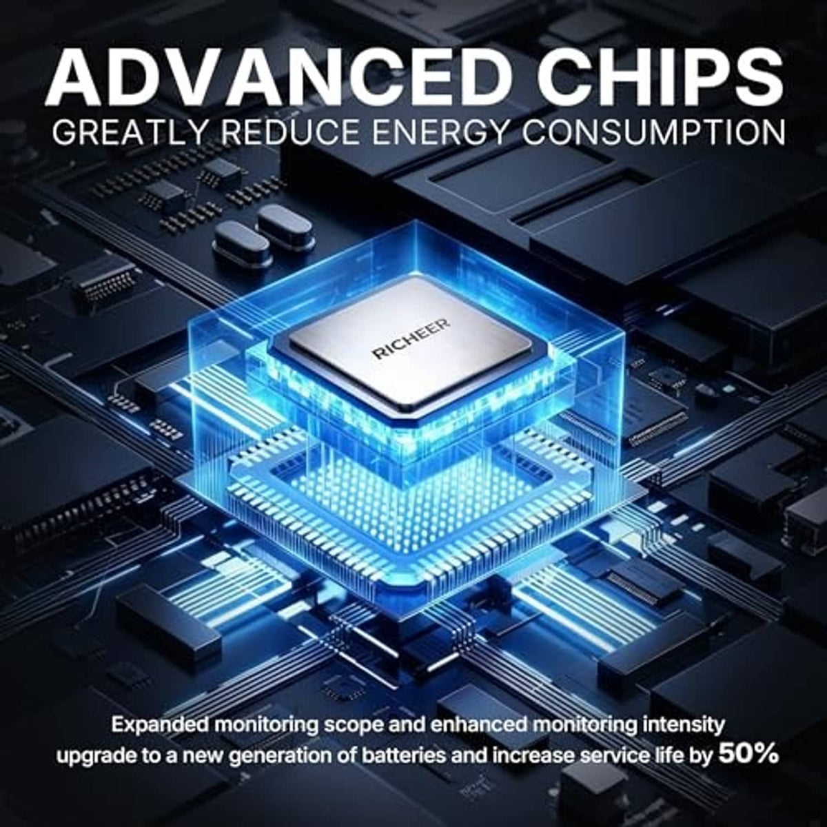 TPMS sensor featuring advanced chips graphic with circuit board illustration