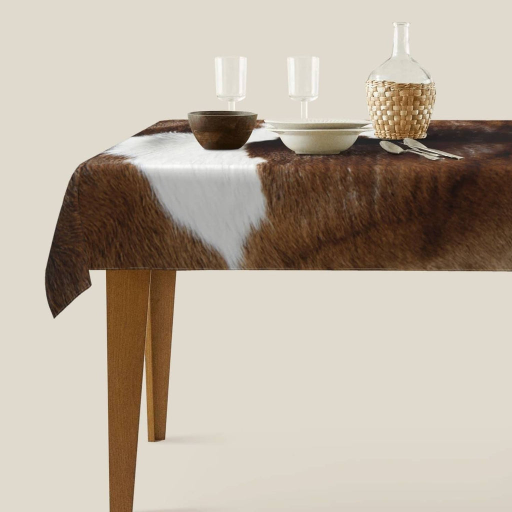 Brown and white cowhide-pattern tablecloth with smooth drape on table