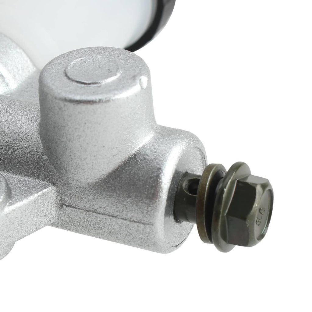 Close-up of go-kart brake master cylinder outlet with black rubber boot