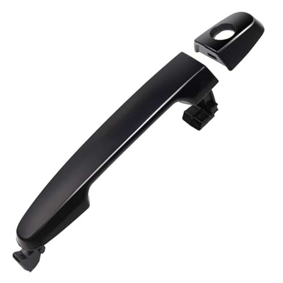 Black exterior door handle with mounting clip and latch opening, front