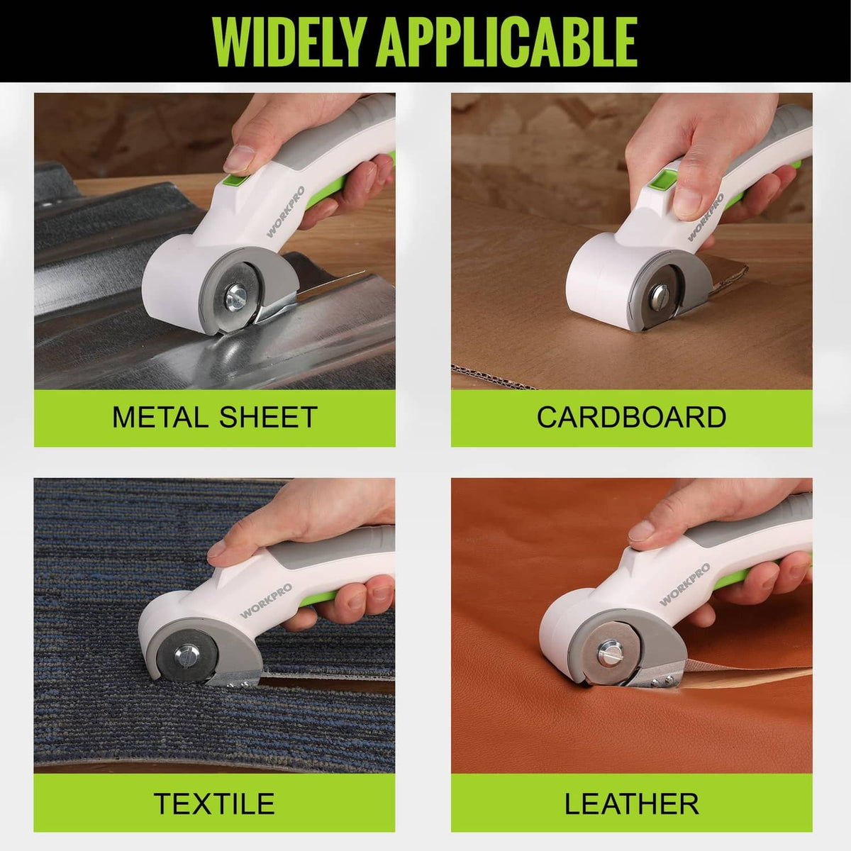 Cordless electric scissors cutting metal sheet, white body with green handle.