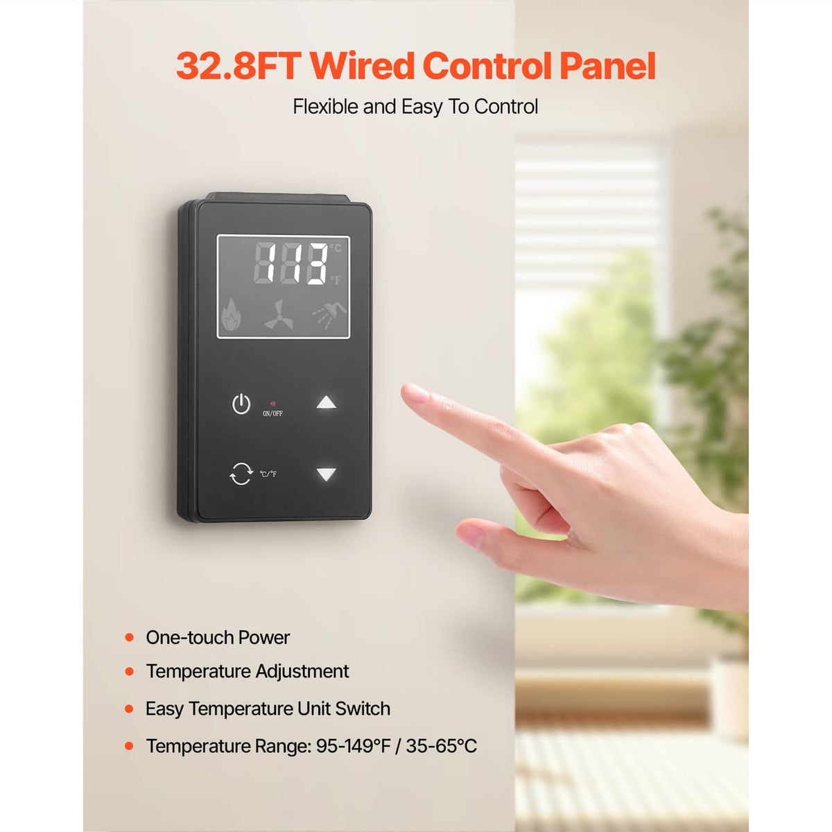 Wired temperature control panel with digital screen and touch buttons for tankless heater.