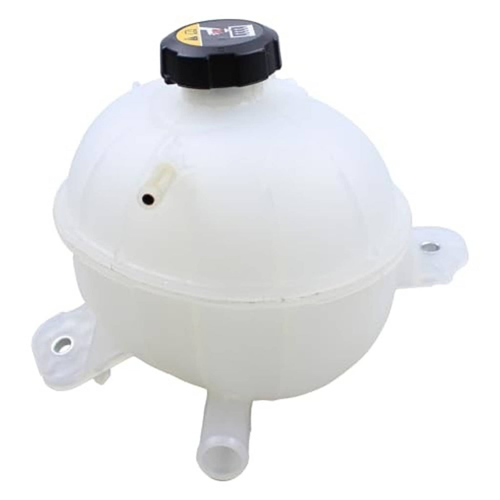 Engine coolant reservoir tank with cap, translucent white body with side bracket and hose port