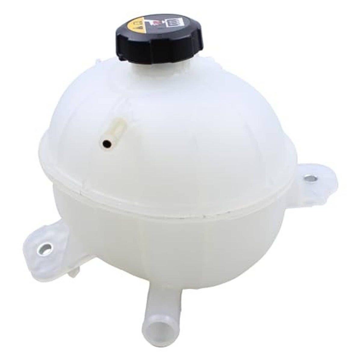 Engine coolant reservoir tank with cap, translucent white body with side bracket and hose port