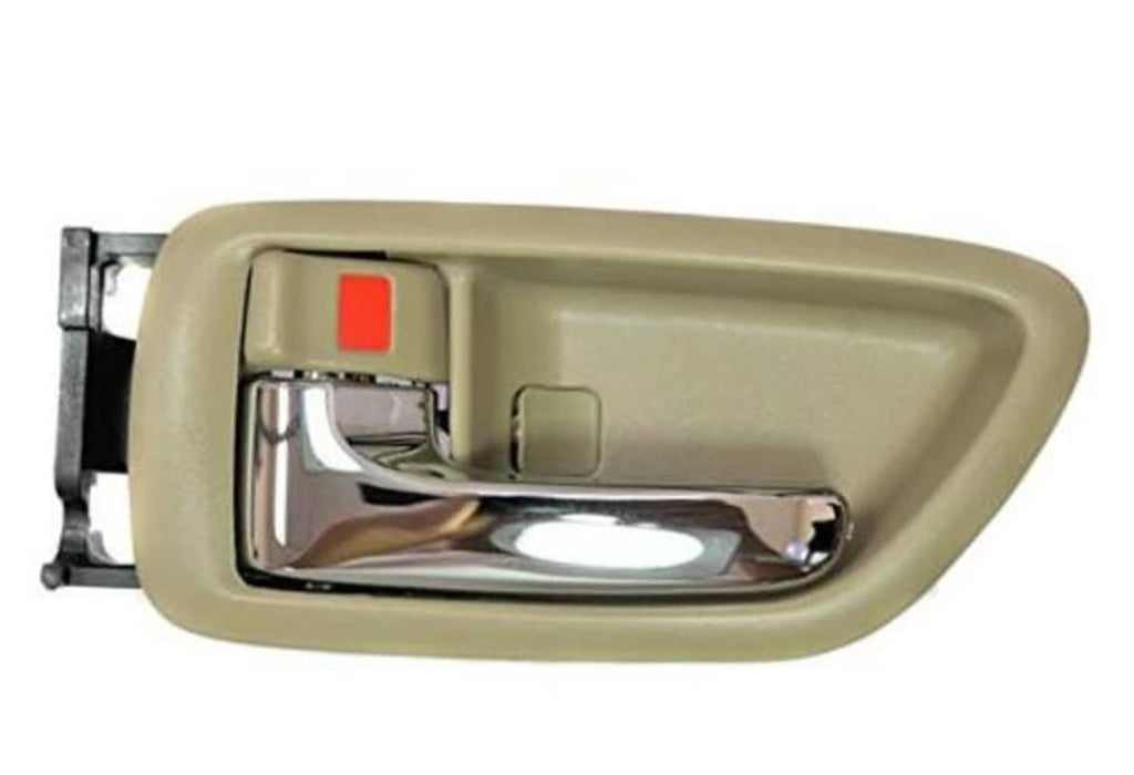 Beige interior inside door handle trim with chrome lever and red indicator