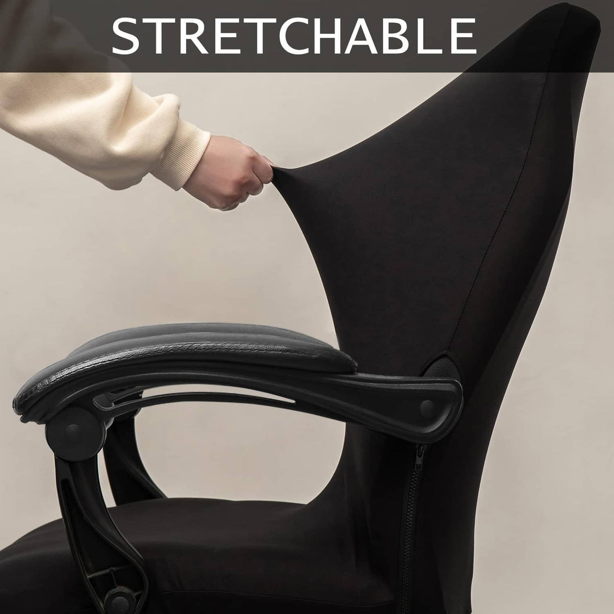 Black chair cover for office chair, fitted over backrest with elastic stretch
