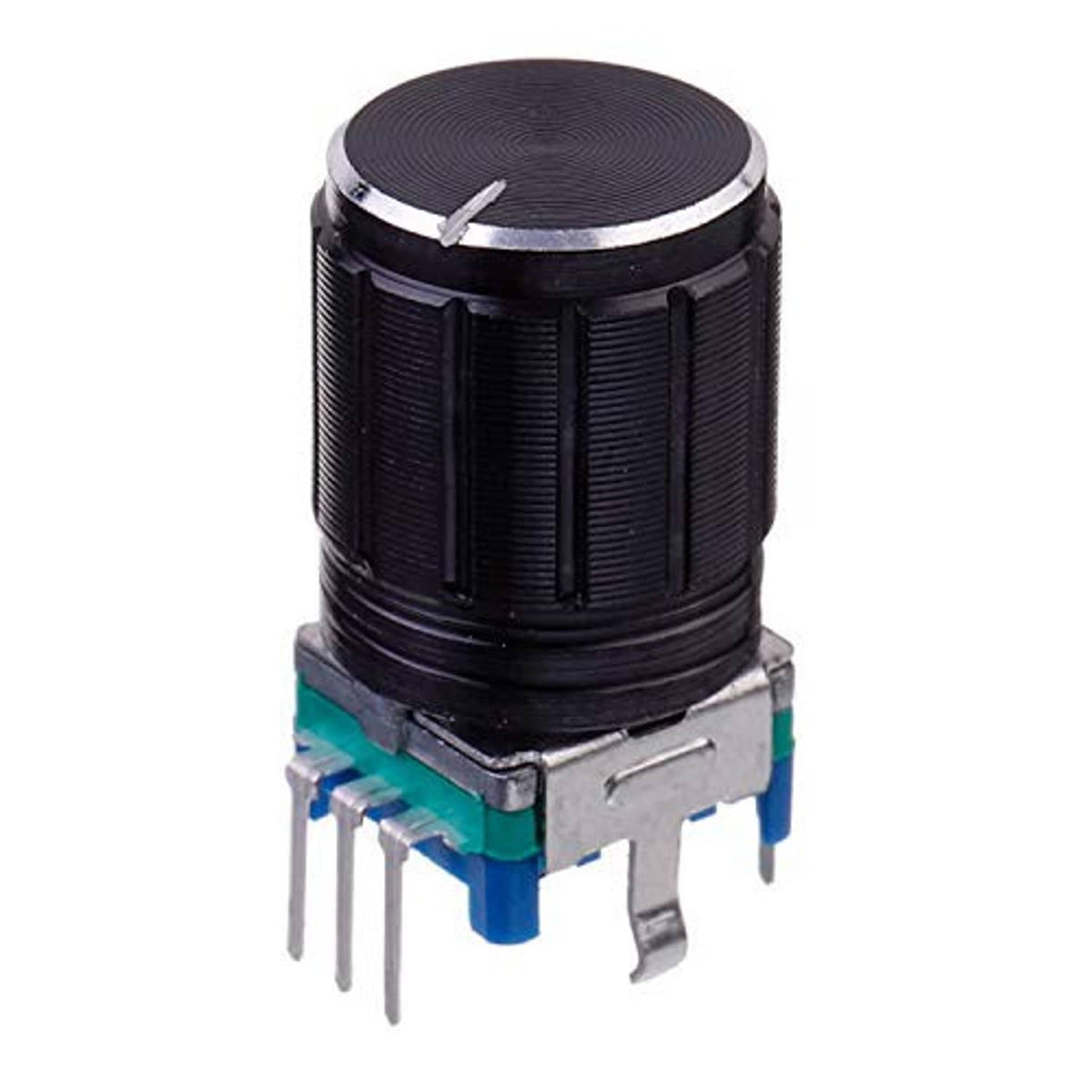 Close-up of black rotary digital potentiometer encoder with silver metal shaft and blue mounting tabs.