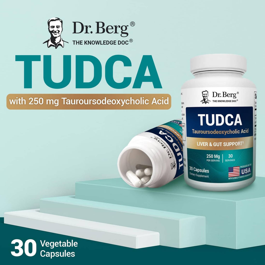Dr. Berg TUDCA supplement bottle with 250 mg tauroursodeoxycholic acid, 30 capsules
