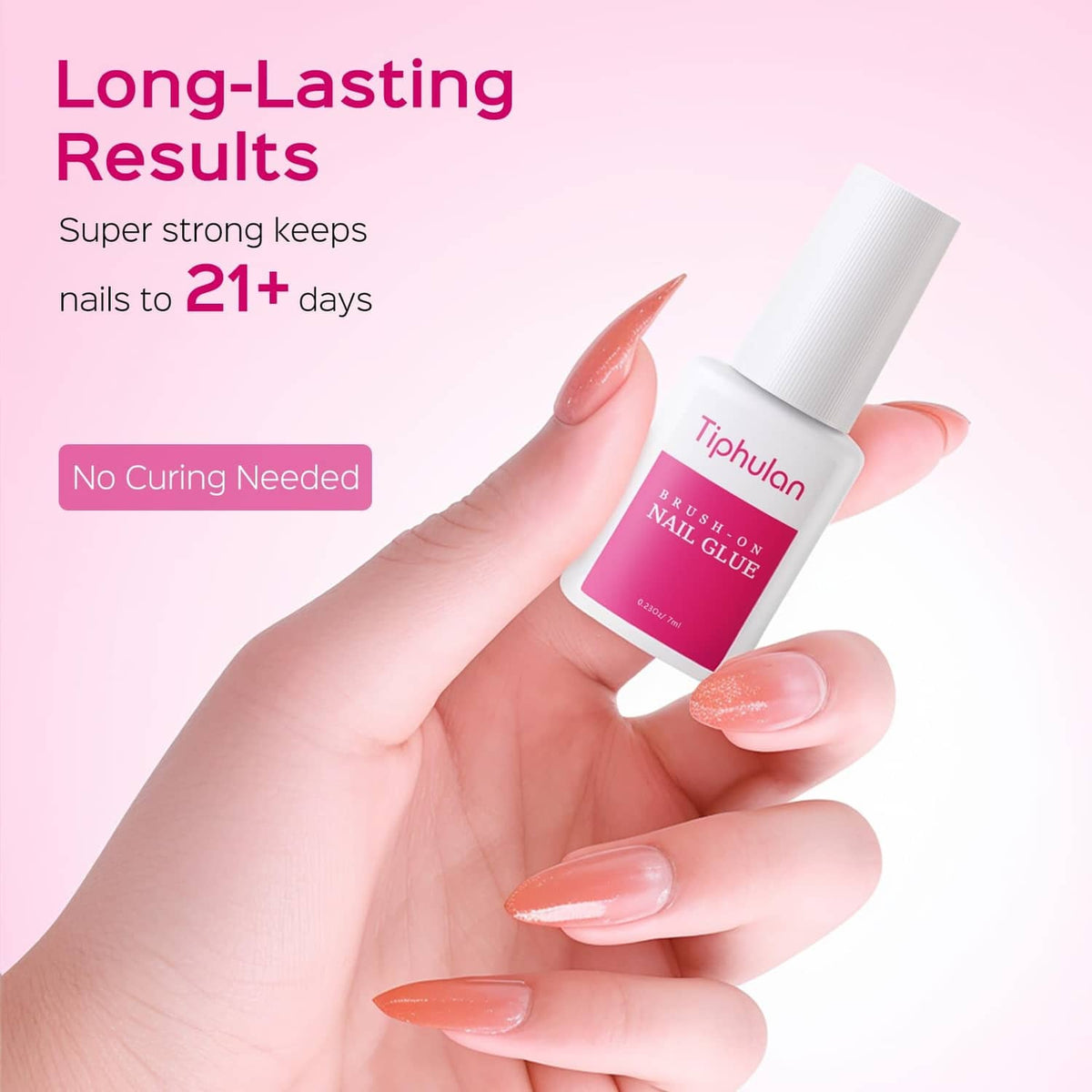 Tiphulan brush-on nail glue bottle applying glue to a fingernail