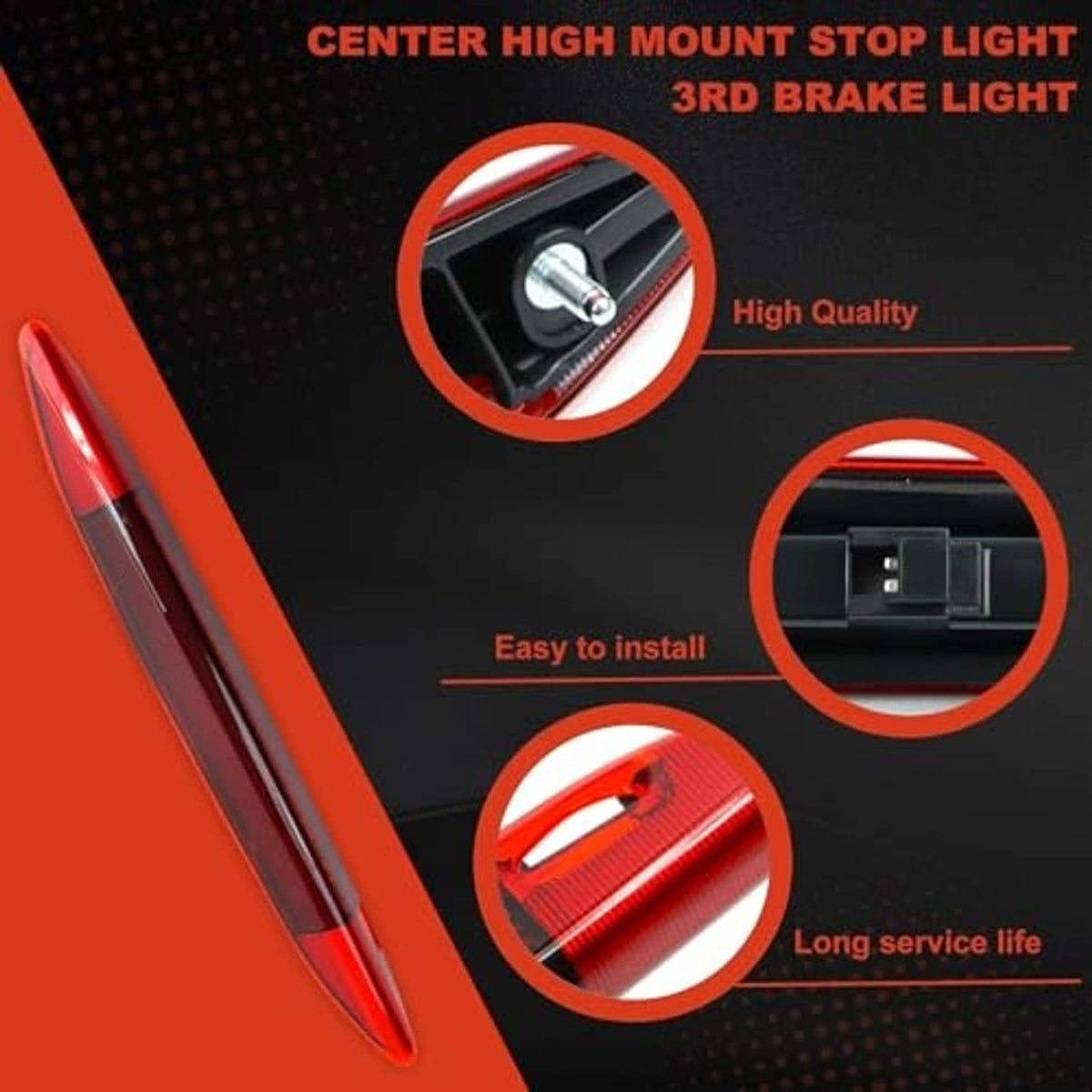 Red LED third brake light with mounting hardware and connector details