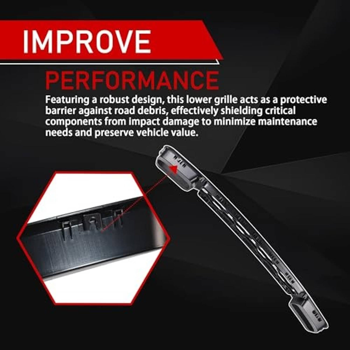 Black front bumper lower grille with protective design and mounting caps
