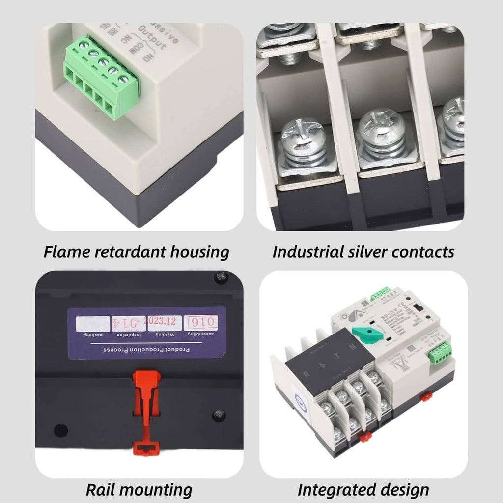 Close-up details: green terminal block, silver contacts, rail mounting, integrated design