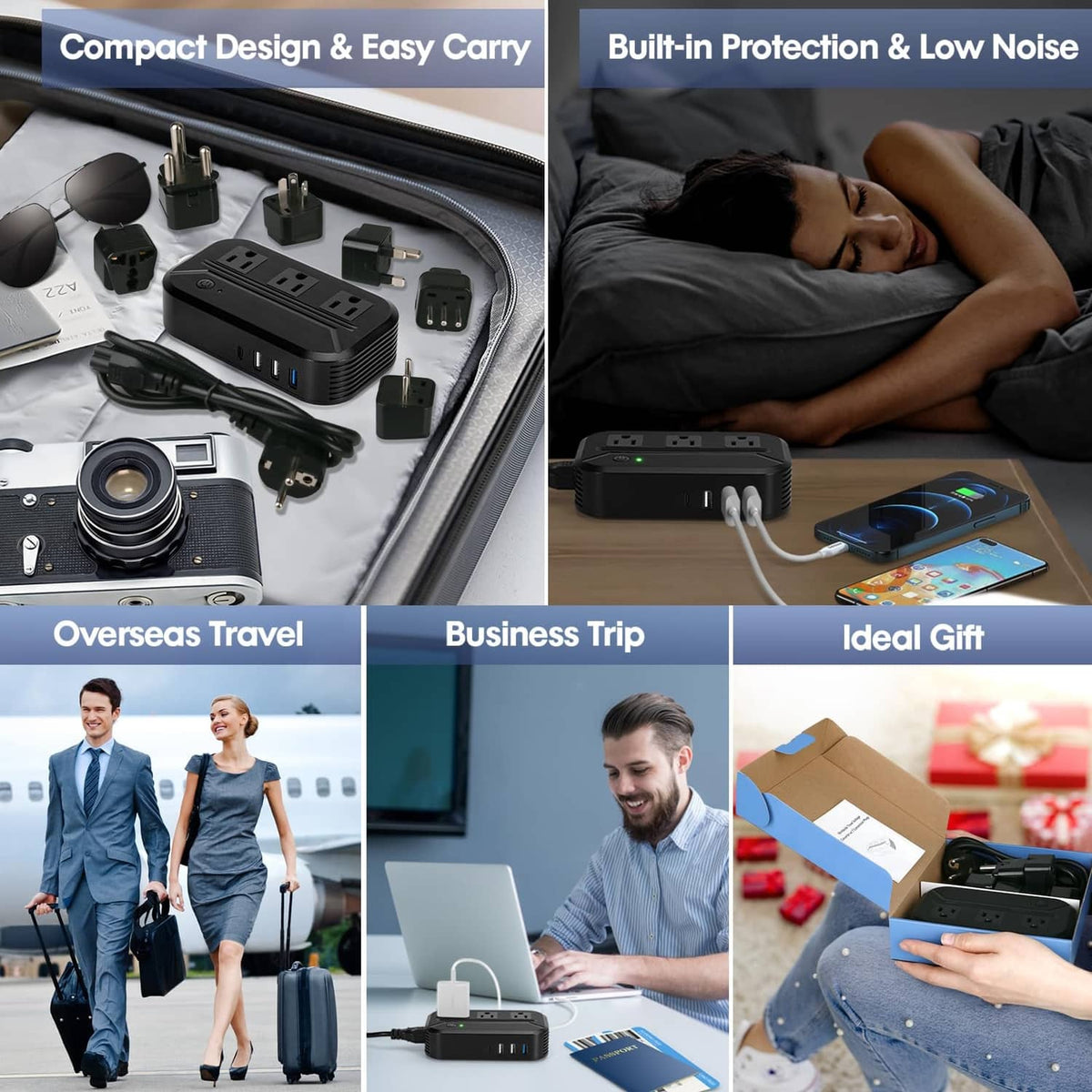 Compact voltage converter adapter with AC outlets, USB ports, and built-in protection
