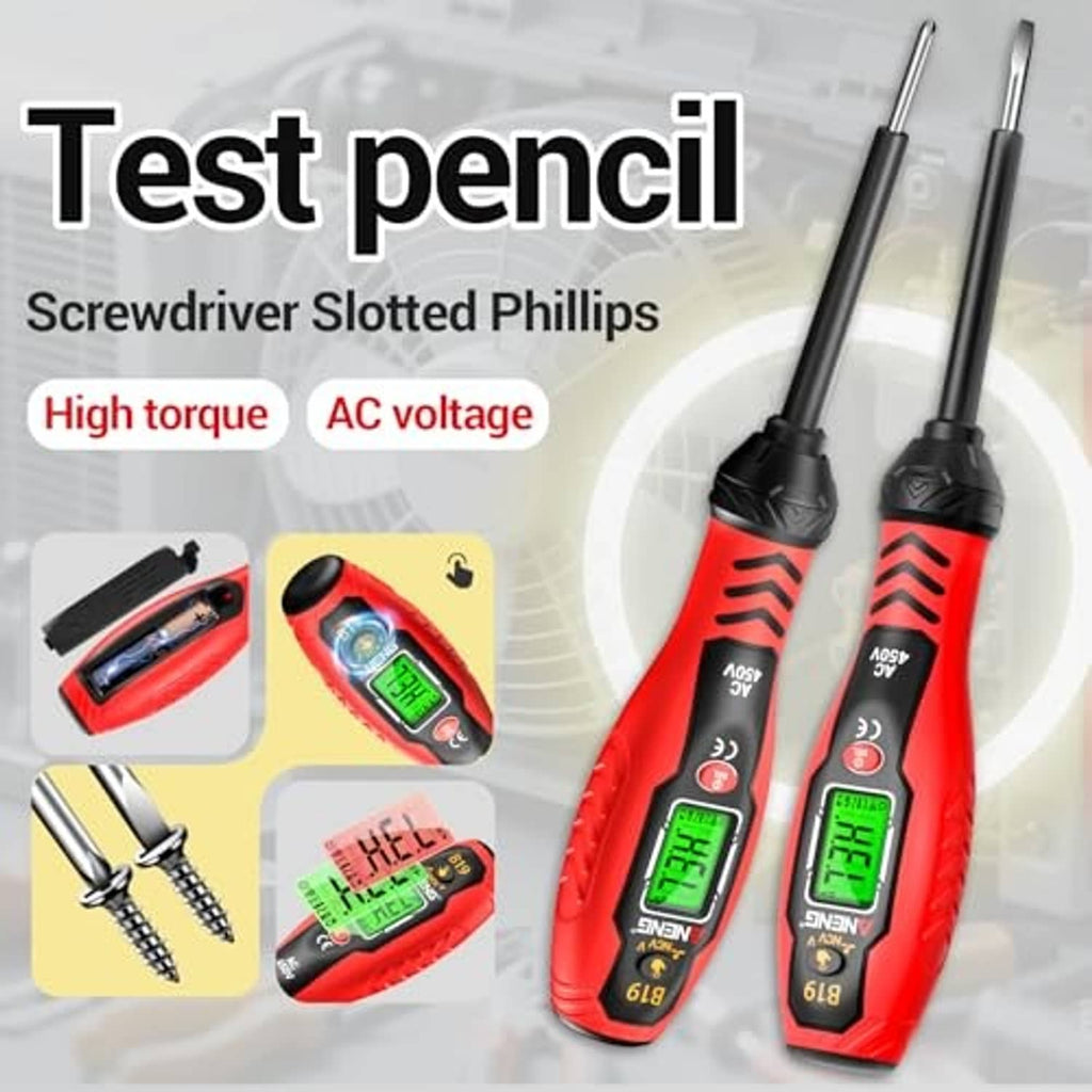 Red screwdriver-style voltage tester with two probe rods and green LCD screen