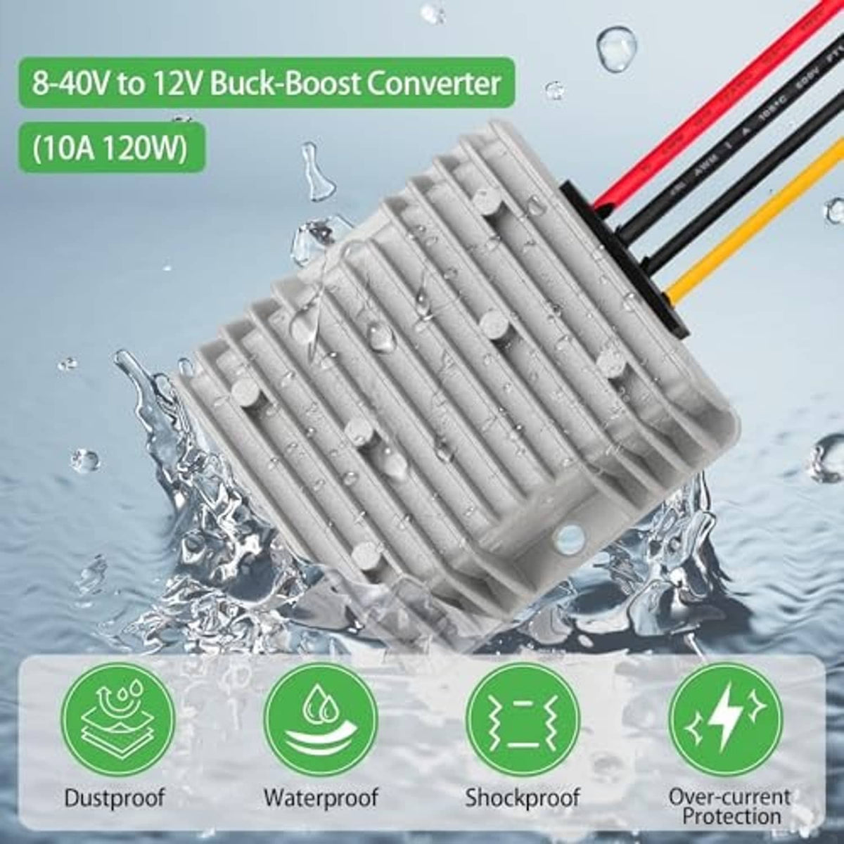 Water-resistant buck-boost converter module with silver fins and color-coded wire leads