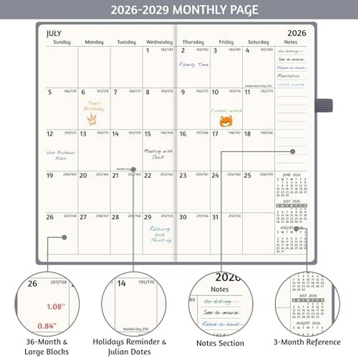 Planner monthly page close-up showing holiday reminder and notes section