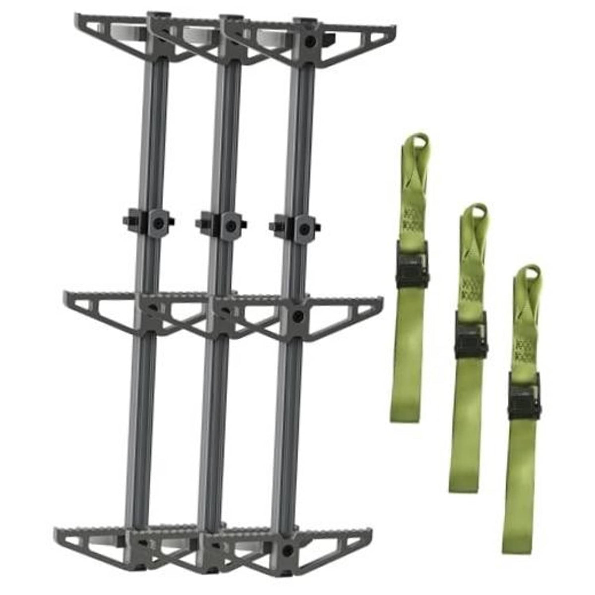 Set of three gray tree-climbing step sticks with non-slip treads and green straps