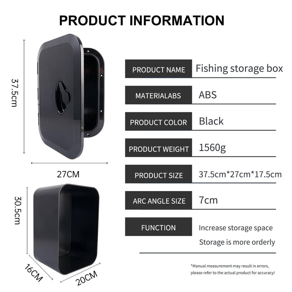Black marine deck storage box with dimensions shown and side view of hinged lid