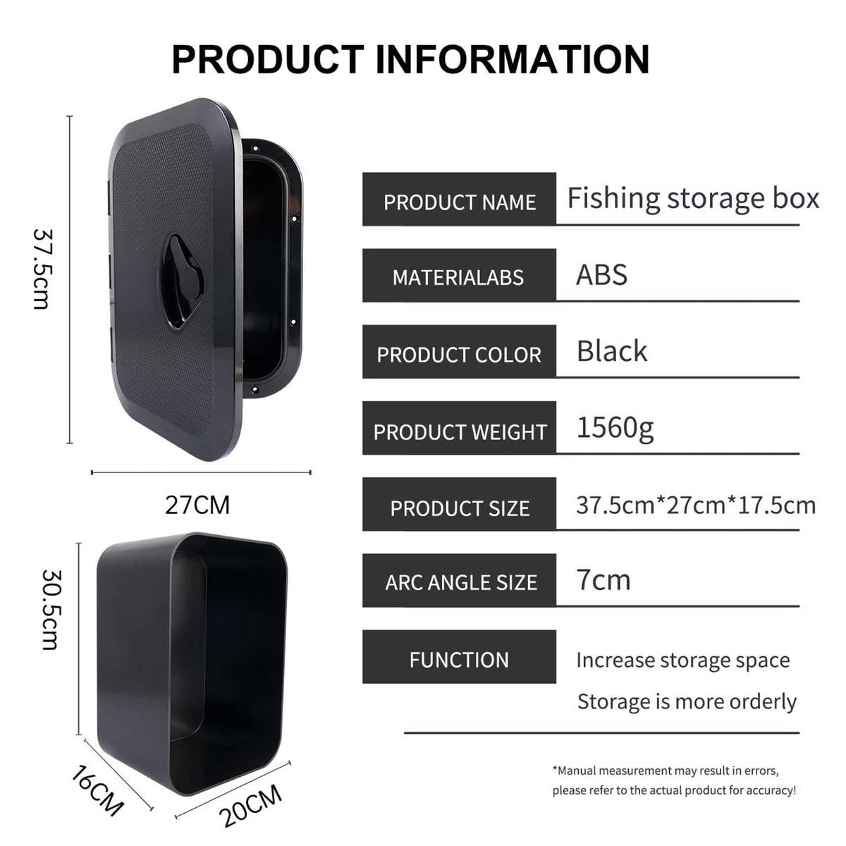 Black marine deck storage box with dimensions shown and side view of hinged lid