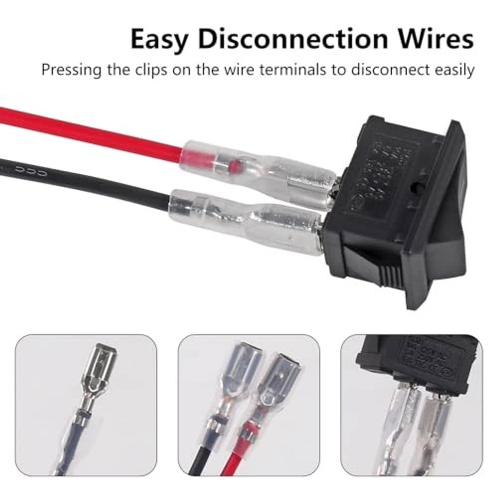 On/off rocker switch with pre-wired terminals, red and black leads and clip-on disconnects