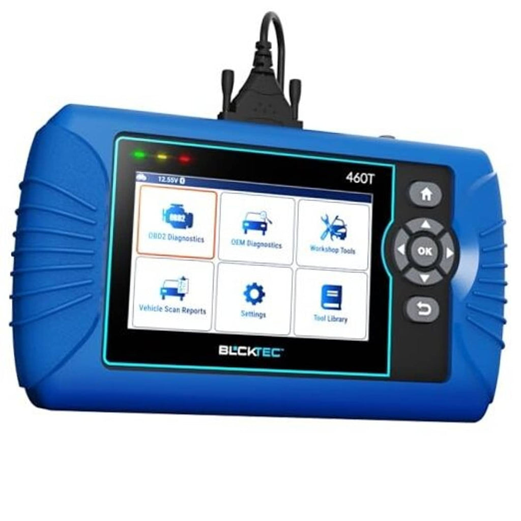 Blue BLACKTEC OBD2 car code scanner with touchscreen and side control buttons