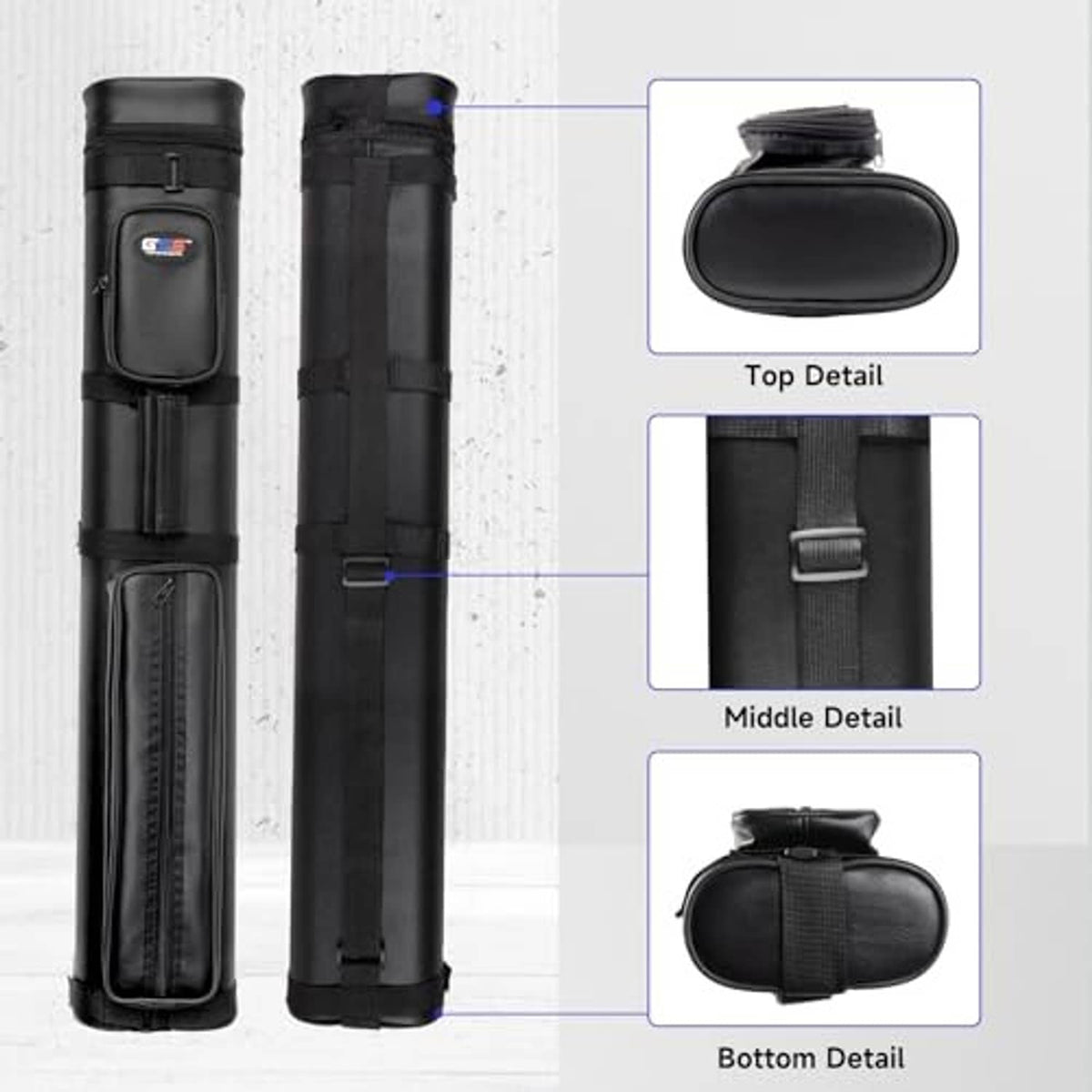 Black cue case shown front and back with molded sleeves and top carry pocket detail