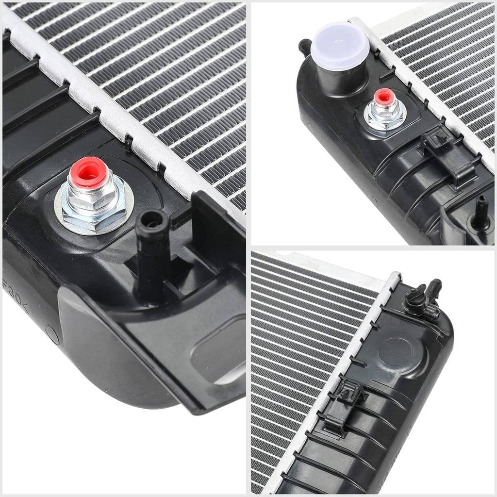 Radiator assembly with silver fin core and black end tank caps; red-topped fittings